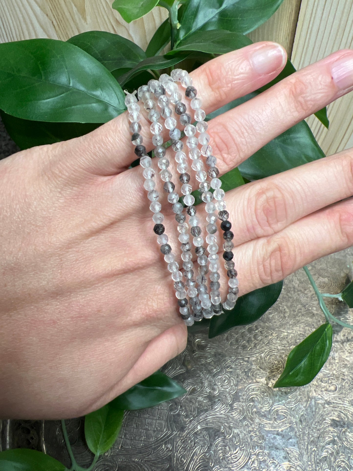 Faceted 2mm Black tourmaline in quartz Bracelets
