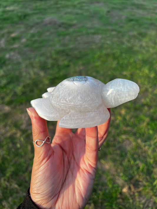 Quartz filled Moss Agate Sea Turtle | Hand-Carved Crystal Turtle (68)