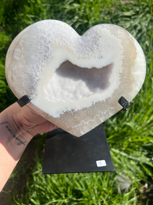 Beautiful large Druzy Agate Heart with Custom stand