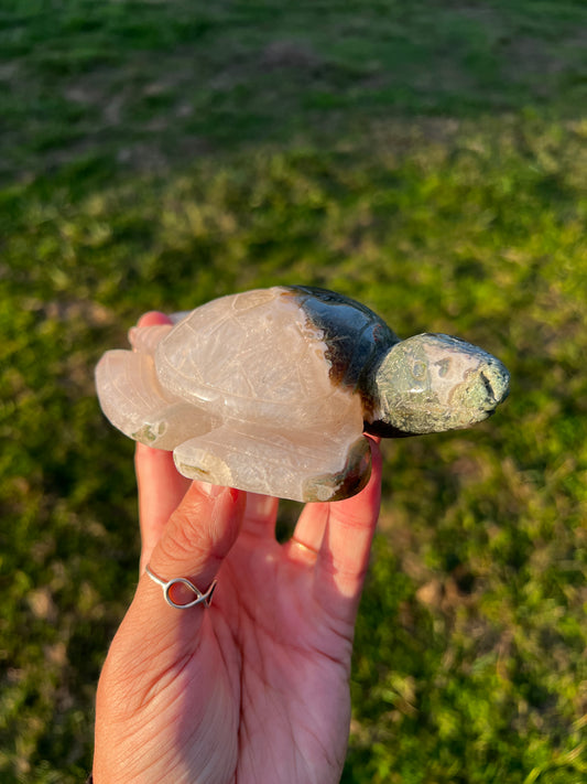 Quartz Filled Moss Agate Sea Turtle | Hand-Carved Crystal Turtle (72)
