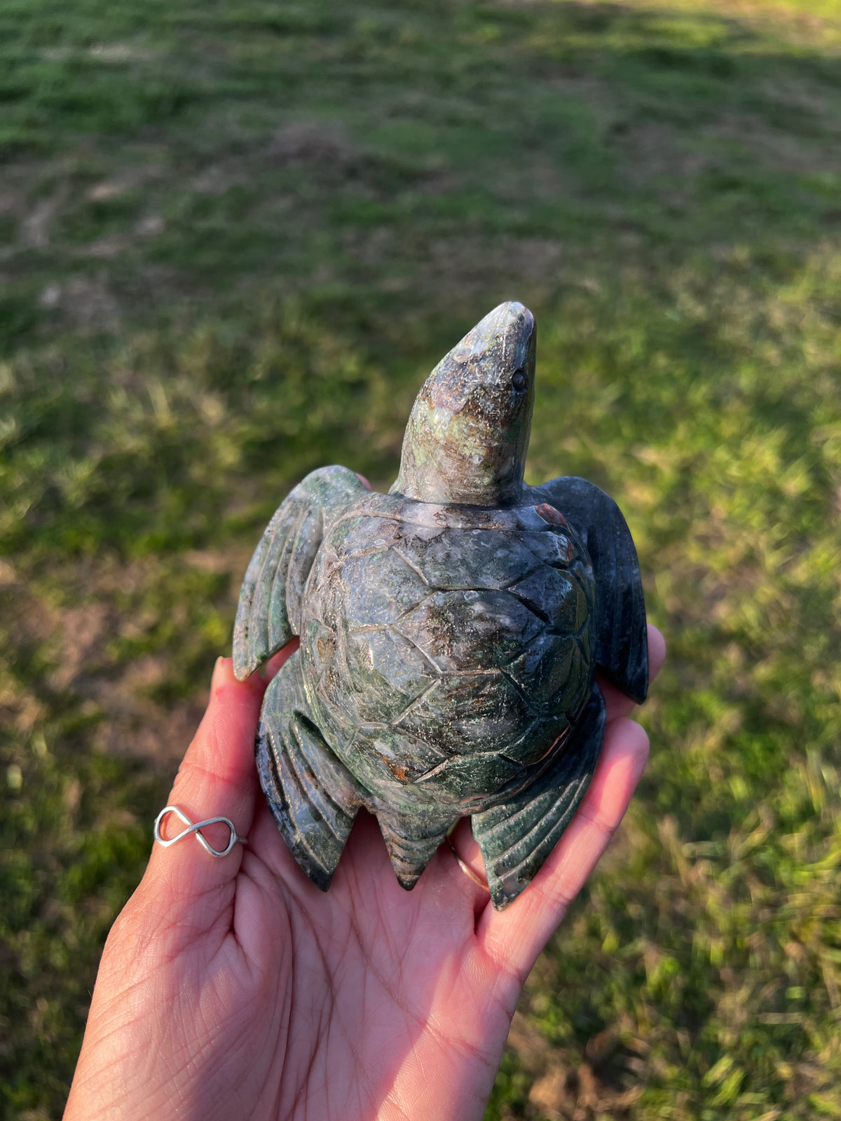 Dark & Moody Moss Agate Sea Turtle | Hand-Carved Crystal Turtle (80)