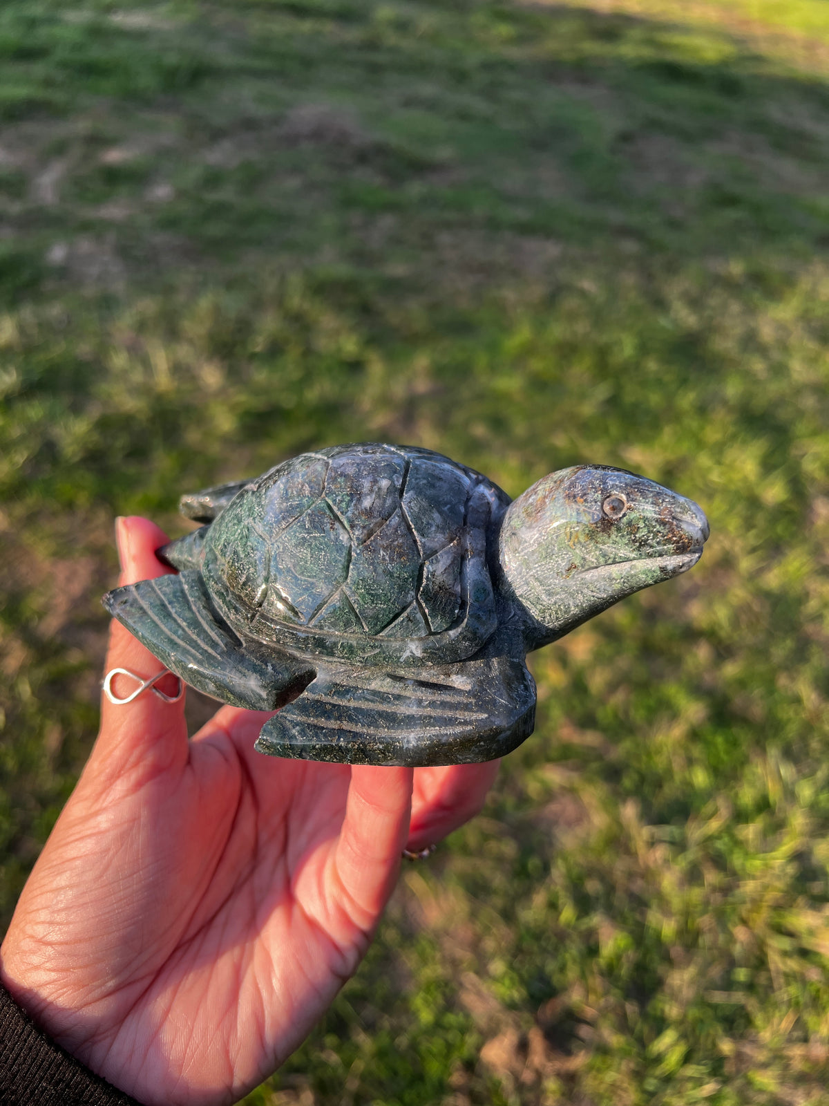 Dark & Moody Moss Agate Sea Turtle | Hand-Carved Crystal Turtle (80)