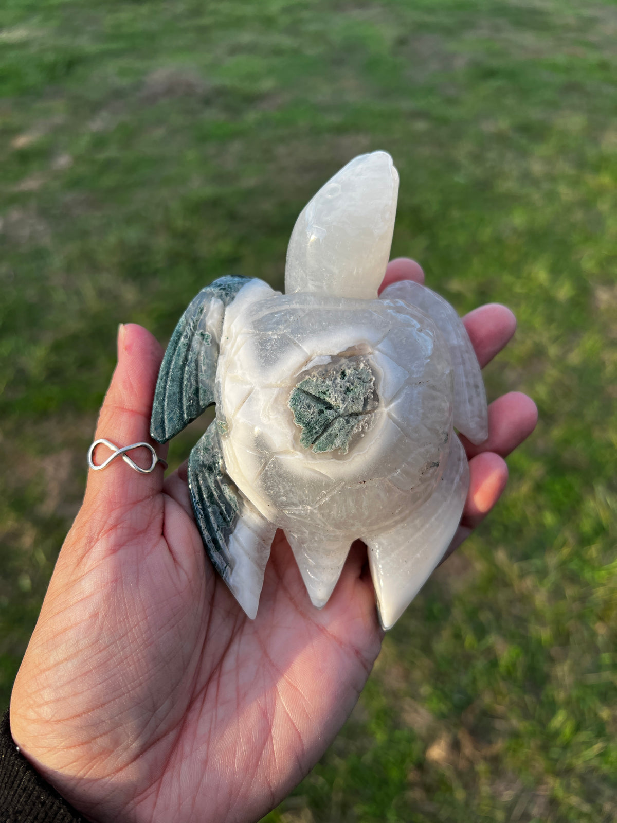 Quartz filled Moss Agate Sea Turtle | Hand-Carved Crystal Turtle (68)
