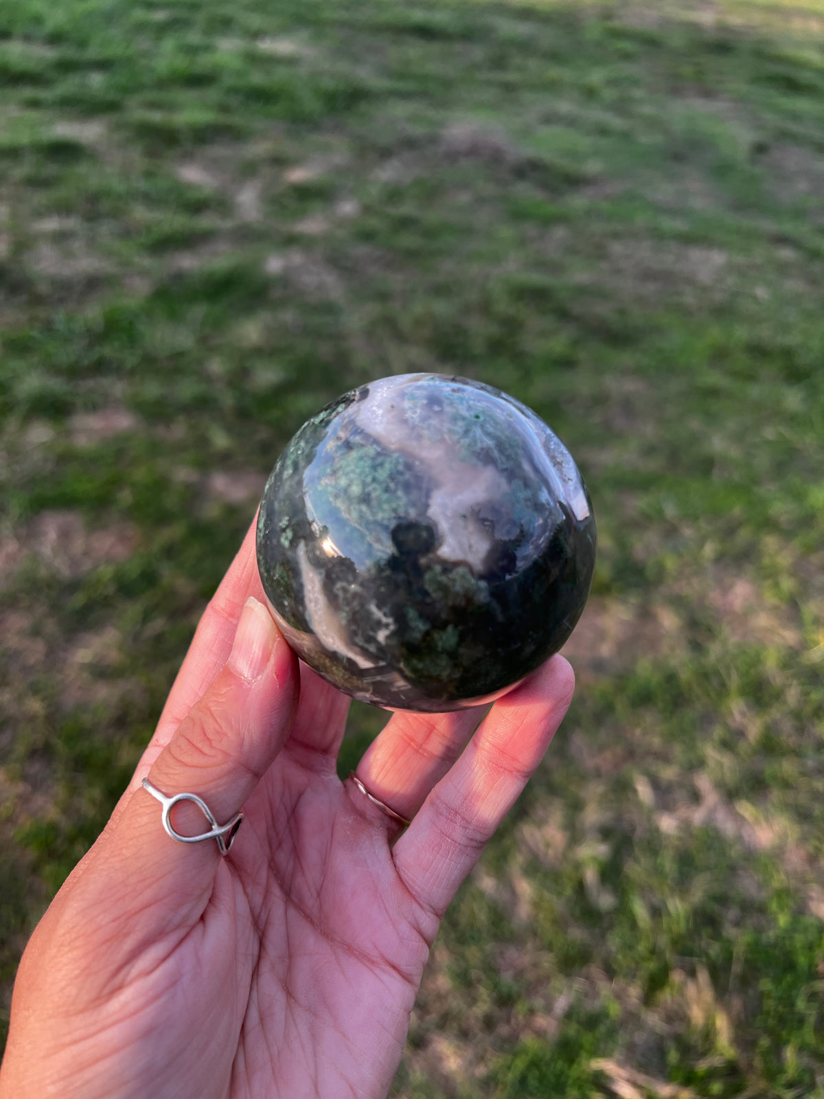 Dark & Moody Moss Agate Sphere | Natural Green Crystal Sphere