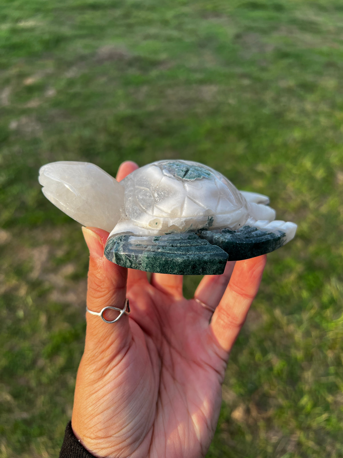 Quartz filled Moss Agate Sea Turtle | Hand-Carved Crystal Turtle (68)