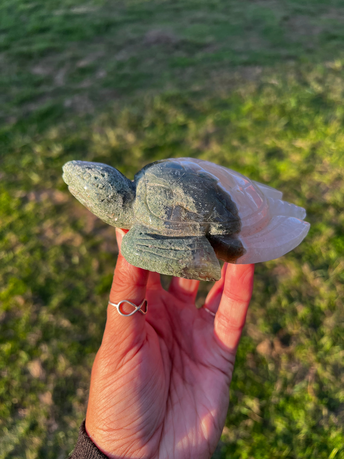 Quartz Filled Moss Agate Sea Turtle | Hand-Carved Crystal Turtle (72)