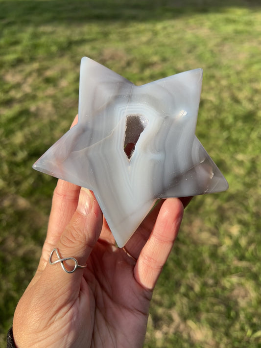 Banded druzy agate star carving option A with sparkling crystal pockets