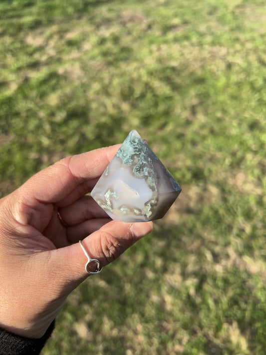 Quartz filled moss agate pyramid with natural green inclusions