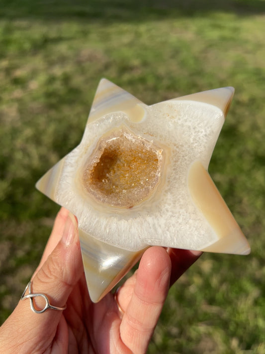 Hand carved banded druzy agate star for crystal collections